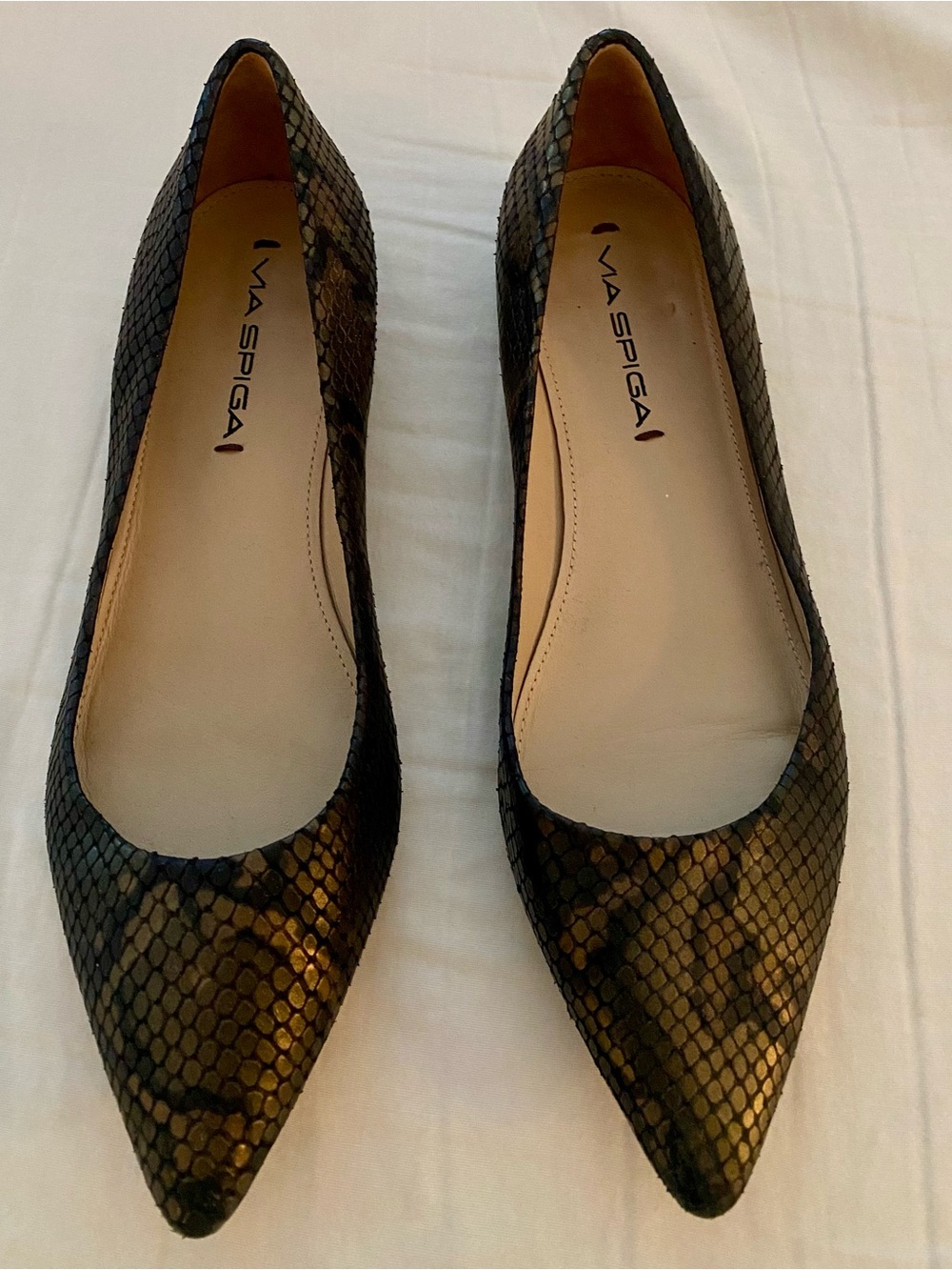 VIA SPIGA  Women's Pointed Snake-Print Flats in Brown and Black & Gold